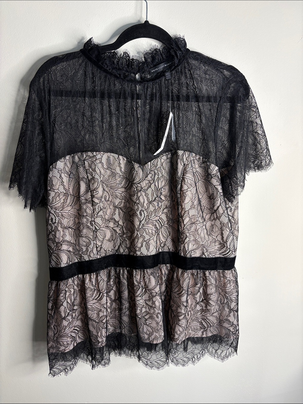 White House Black Market Black Lace Overlay Top with Nude Underlay